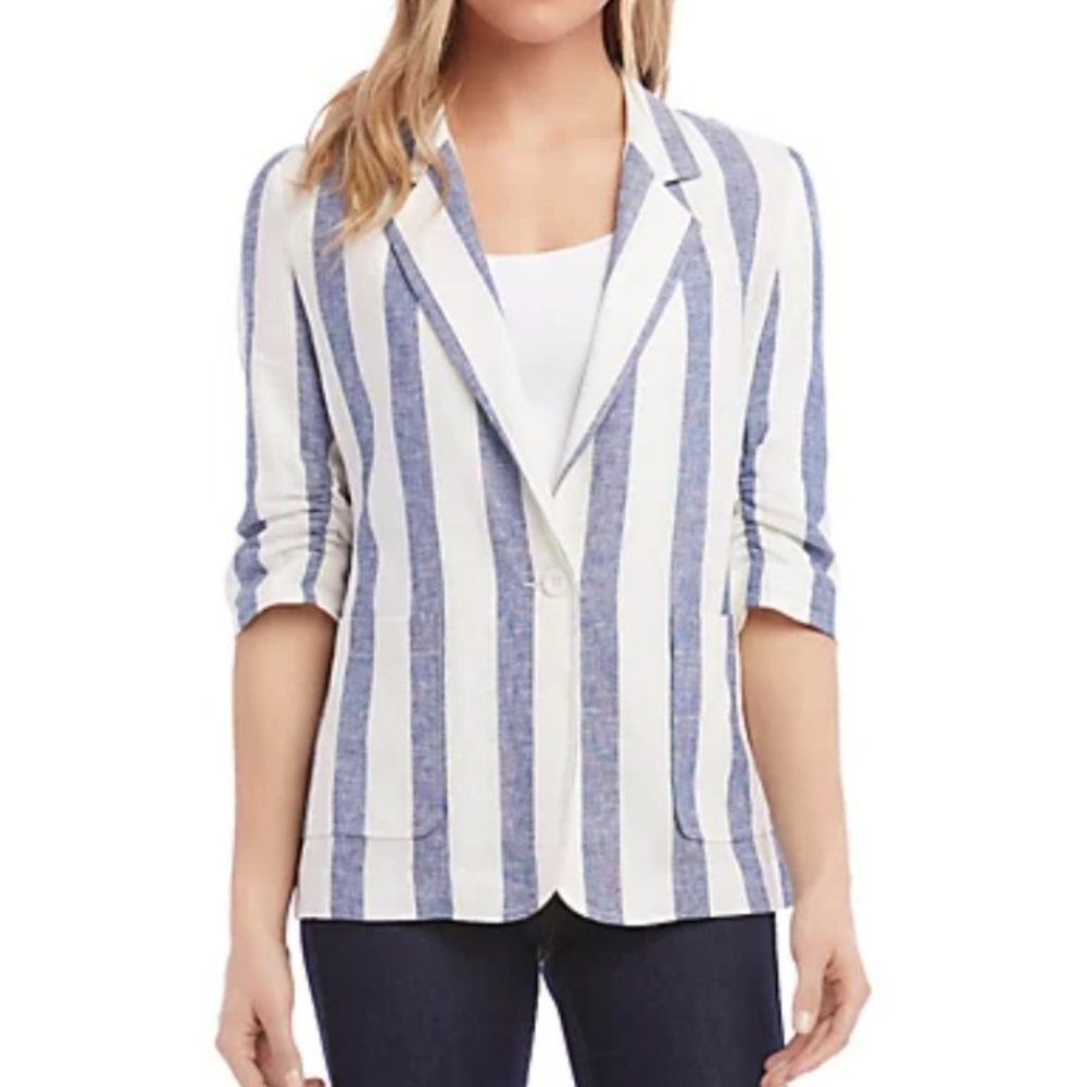 KAREN KANE Women's Striped Ruched-sleeve Linen Blend Blazer Jacket Top